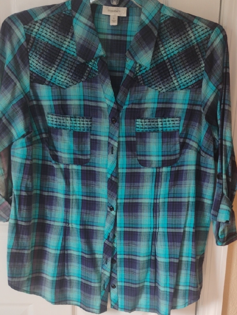 Dressbarn Cotton Size XL Women's Plaid And Navy Button Down Western Top
